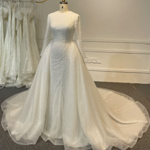 BYG24-12 BEADED COVERED UP MUSLIM WEDDING DRESS WITH DETACHABLE TRAIN