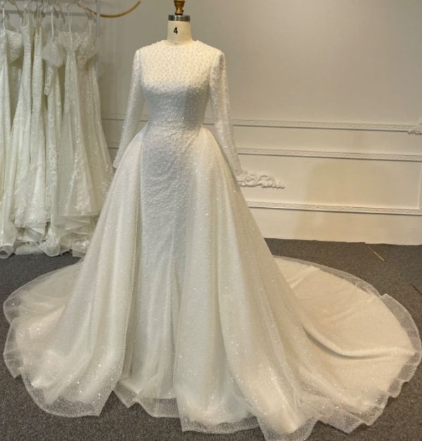 BYG24-12 BEADED COVERED UP MUSLIM WEDDING DRESS WITH DETACHABLE TRAIN