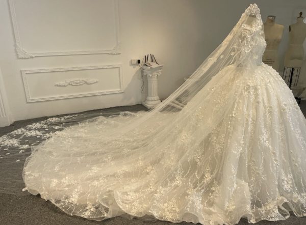BYG24-20 LONG SLEEVES SQUARE NECK APPLIQUE WEDDING DRESS WITH VEIL - Image 6