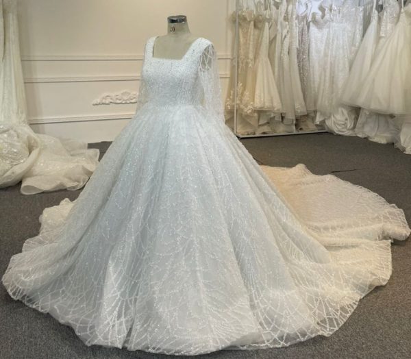 BYG24-22 SQUARE NECK SEQUIN GRID LACE WEDDING DRESS WITH BACK STRAP - Image 6