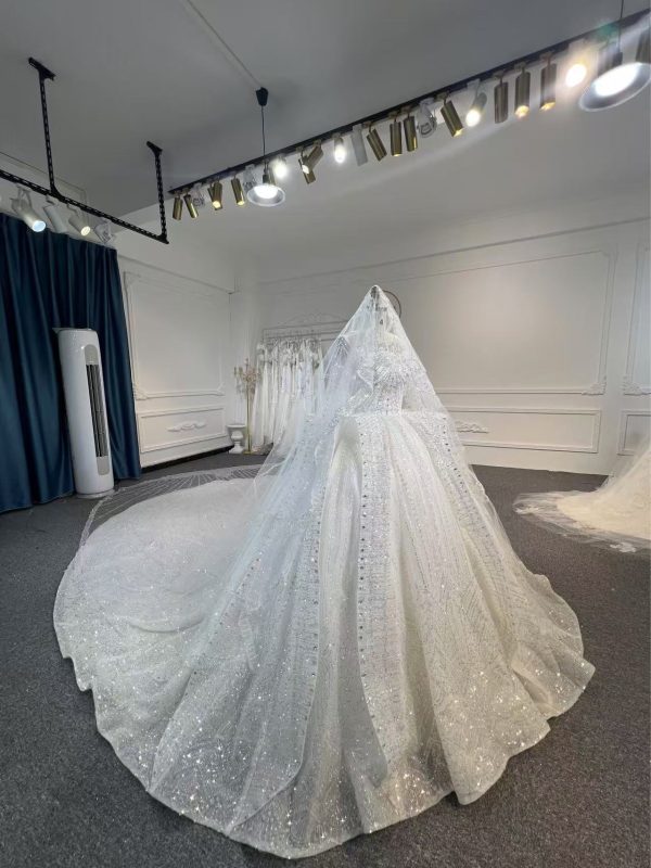 BYG24-23 LUXURY SEQUINS LONG SLEEVE WEDDING DRESS WITH CATHEDRAL TRAIN - Image 3