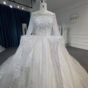 BYG24-23 LUXURY SEQUINS LONG SLEEVE WEDDING DRESS WITH CATHEDRAL TRAIN