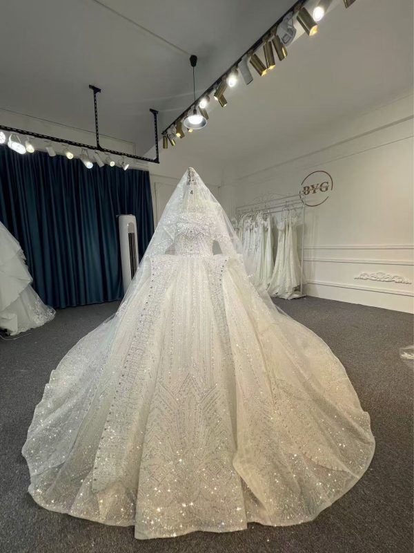 BYG24-23 LUXURY SEQUINS LONG SLEEVE WEDDING DRESS WITH CATHEDRAL TRAIN - Image 2