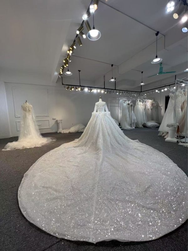 BYG24-23 LUXURY SEQUINS LONG SLEEVE WEDDING DRESS WITH CATHEDRAL TRAIN - Image 7
