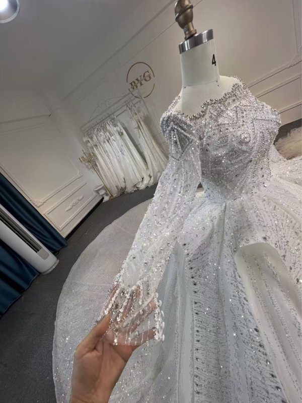 BYG24-23 LUXURY SEQUINS LONG SLEEVE WEDDING DRESS WITH CATHEDRAL TRAIN - Image 4