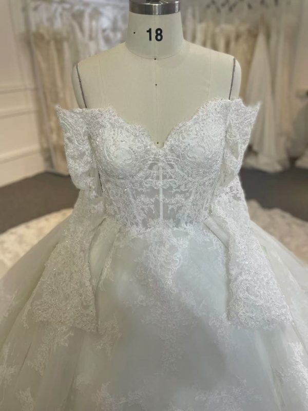 BYG24-27 LONG SLEEVE LUXURIOUS LACE FLOWER  BALL GOWN WEDDING DRESS - Image 2