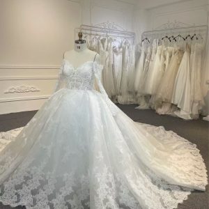 BYG24-27 LONG SLEEVE LUXURIOUS LACE FLOWER BALL GOWN WEDDING DRESS
