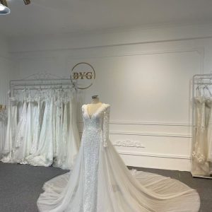 BYG24-31 V-NECK LONG SLEEVES MERMAID DRESS WITH DETACHABLE TRAIN