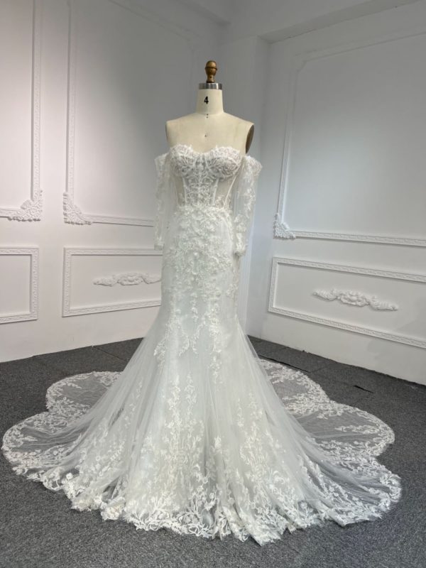 BYG#LB47 LACE BEADINGS MERMAID DRESS WEDDING DRESS WITH LONG SLEEVE