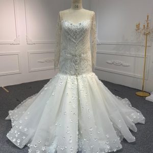 BYG#M230707A  LONG SLEEVE LUXURIOUS PEARL WEDDING DRESS MERMAID DRESS with tail