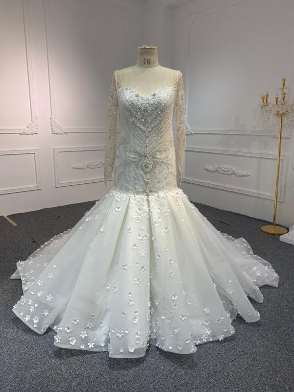 BYG#M230707A  LONG SLEEVE LUXURIOUS PEARL WEDDING DRESS MERMAID DRESS with tail