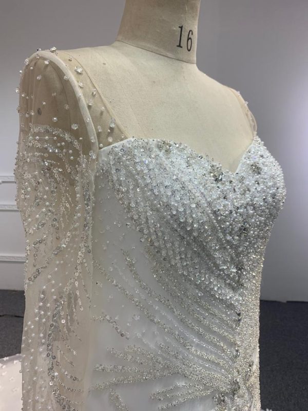 BYG#M230707A  LONG SLEEVE LUXURIOUS PEARL WEDDING DRESS MERMAID DRESS with tail - Image 6