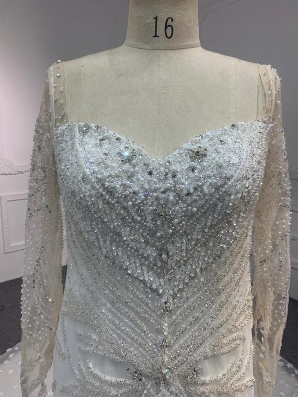 BYG#M230707A  LONG SLEEVE LUXURIOUS PEARL WEDDING DRESS MERMAID DRESS with tail - Image 5