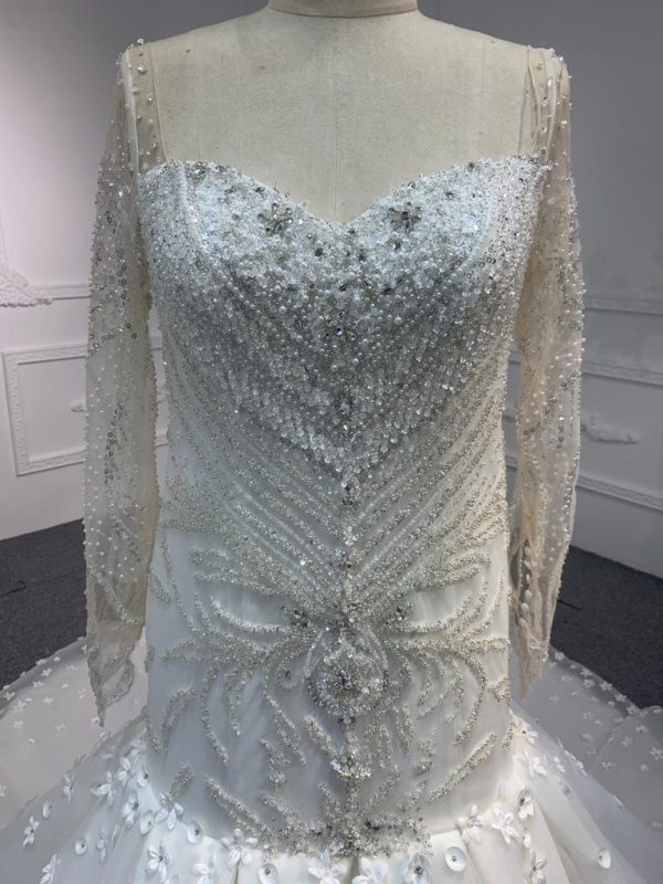 BYG#M230707A  LONG SLEEVE LUXURIOUS PEARL WEDDING DRESS MERMAID DRESS with tail - Image 4