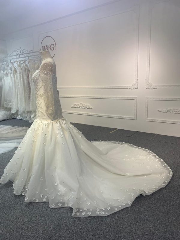 BYG#M230707A  LONG SLEEVE LUXURIOUS PEARL WEDDING DRESS MERMAID DRESS with tail - Image 3
