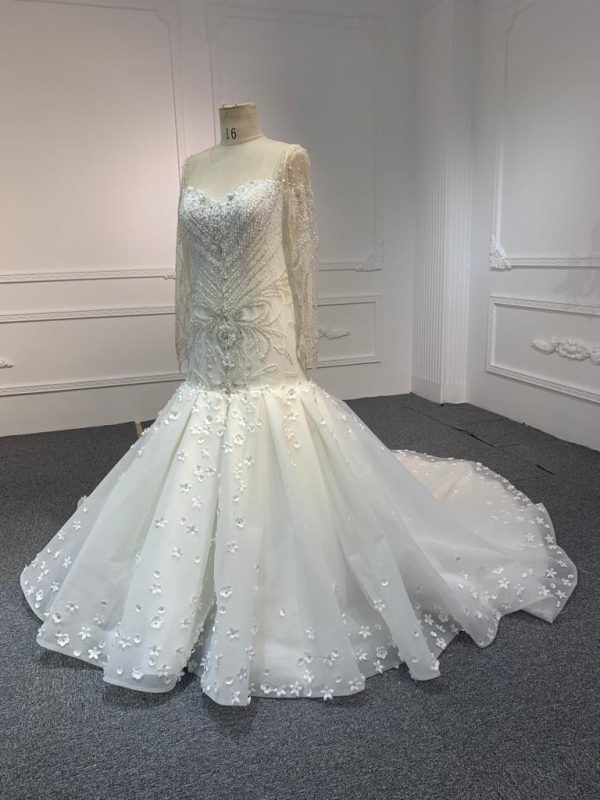 BYG#M230707A  LONG SLEEVE LUXURIOUS PEARL WEDDING DRESS MERMAID DRESS with tail - Image 2