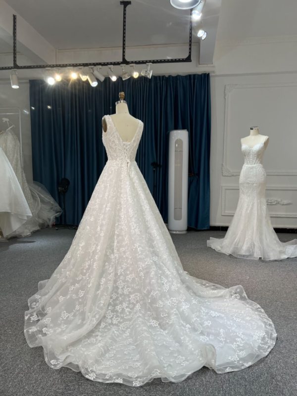 BYG #Y2305 BEADS DEEP V NECK LACE UP A LINE WEDDING DRESS - Image 2