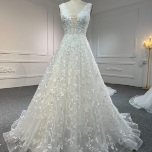 BYG #Y2305 BEADS DEEP V NECK LACE UP A LINE WEDDING DRESS