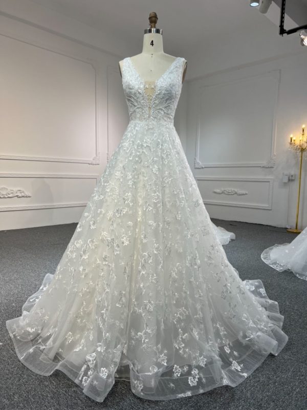 BYG #Y2305 BEADS DEEP V NECK LACE UP A LINE WEDDING DRESS