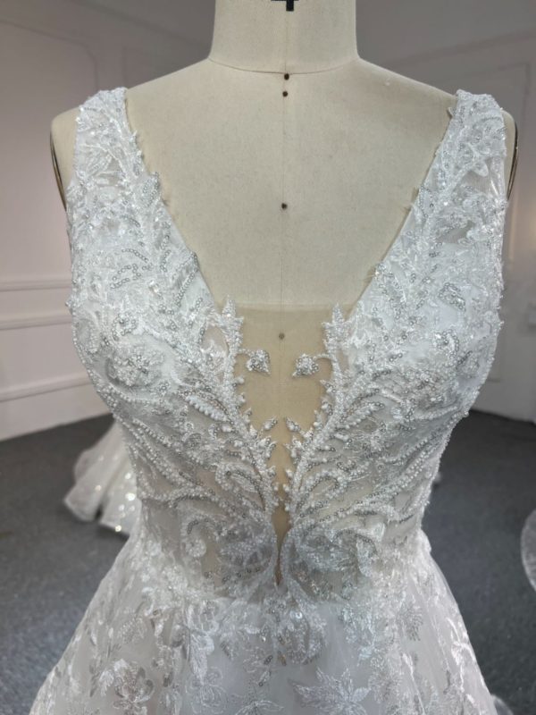 BYG #Y2305 BEADS DEEP V NECK LACE UP A LINE WEDDING DRESS - Image 4