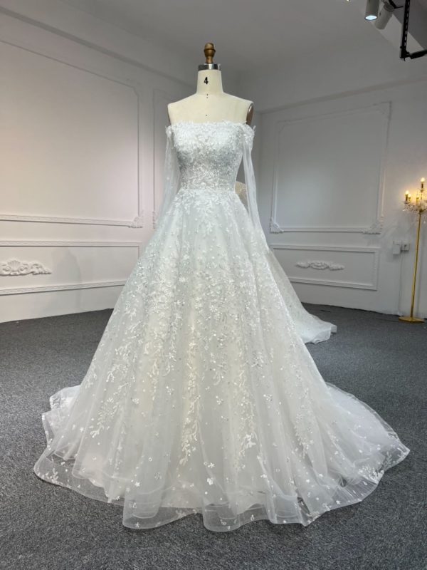 BYG#Y2306 long sleeve one shoulder LACE BEADINGS A LINE WEDDING DRESS