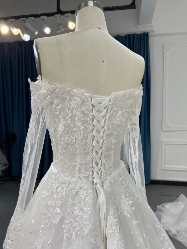 BYG#Y2306 long sleeve one shoulder LACE BEADINGS A LINE WEDDING DRESS - Image 4