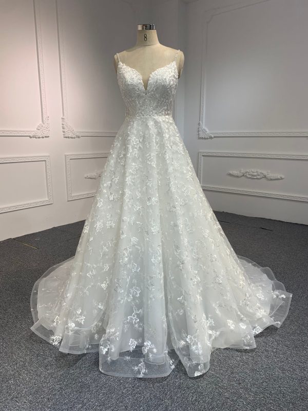 BYG#Y2307 LACE BEADINGS A LINE WEDDING DRESS WITH SMALL SHOULDER STRAP.