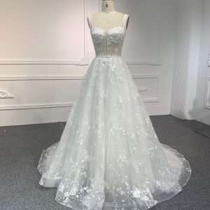 BYG#Y2309 LACE BEADINGS A LINE WEDDING DRESS WITH SMALL SHOULDER STRAP.