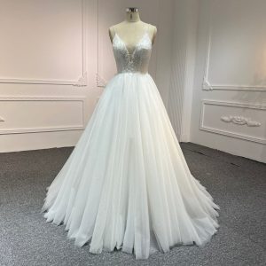 BYG#Y2310 DEEP V NECKLINE A LINE WEDDING DRESS WITH SMALL SHOULDER STRAP.