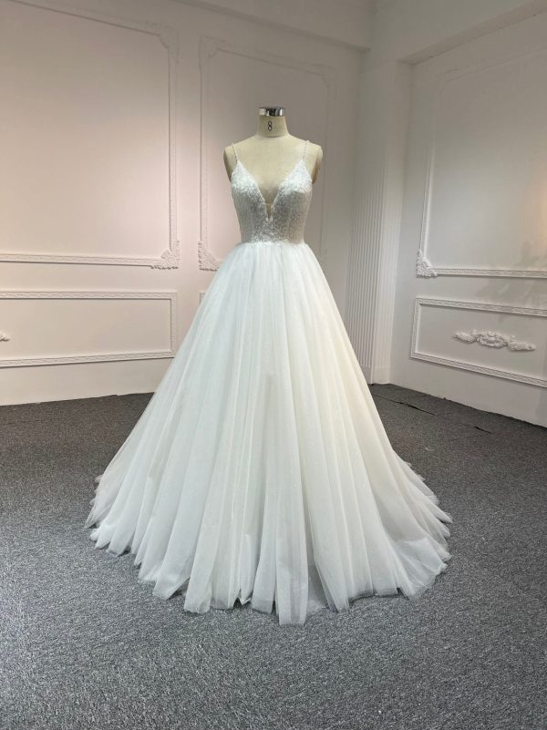 BYG#Y2310 DEEP V NECKLINE A LINE WEDDING DRESS WITH SMALL SHOULDER STRAP.