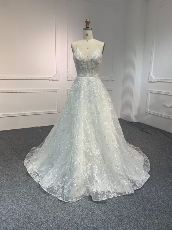 BYG#Y2313 DEEP V NECKLINE A LINE WEDDING DRESS WITH SMALL SHOULDER STRAP