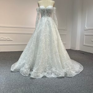 BYG#Y2319 LACE BEADINGS A LINE WEDDING DRESS WITH LONG SLEEVE