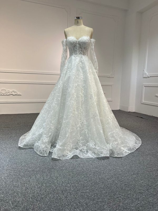 BYG#Y2319 LACE BEADINGS A LINE WEDDING DRESS WITH LONG SLEEVE