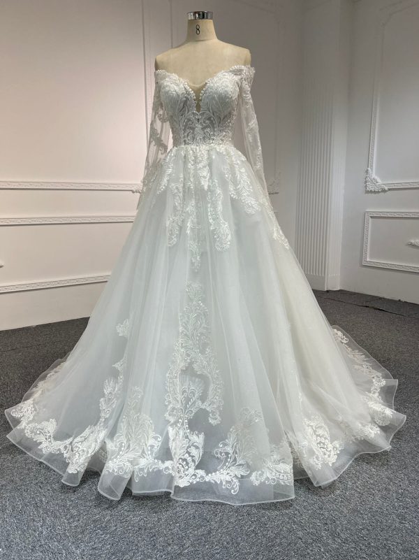 BYG#Y2323 LACE BEADINGS A LINE WEDDING DRESS WITH LONG SLEEVE