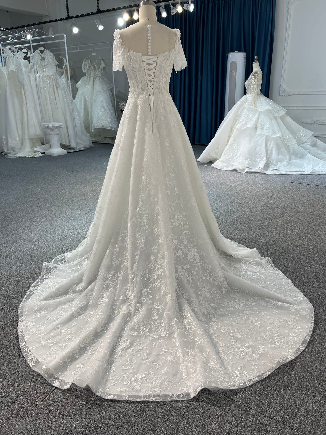 BYG#Y2325 Short-sleeved 3D lace flowers, luxurious beading, A-line - Image 3