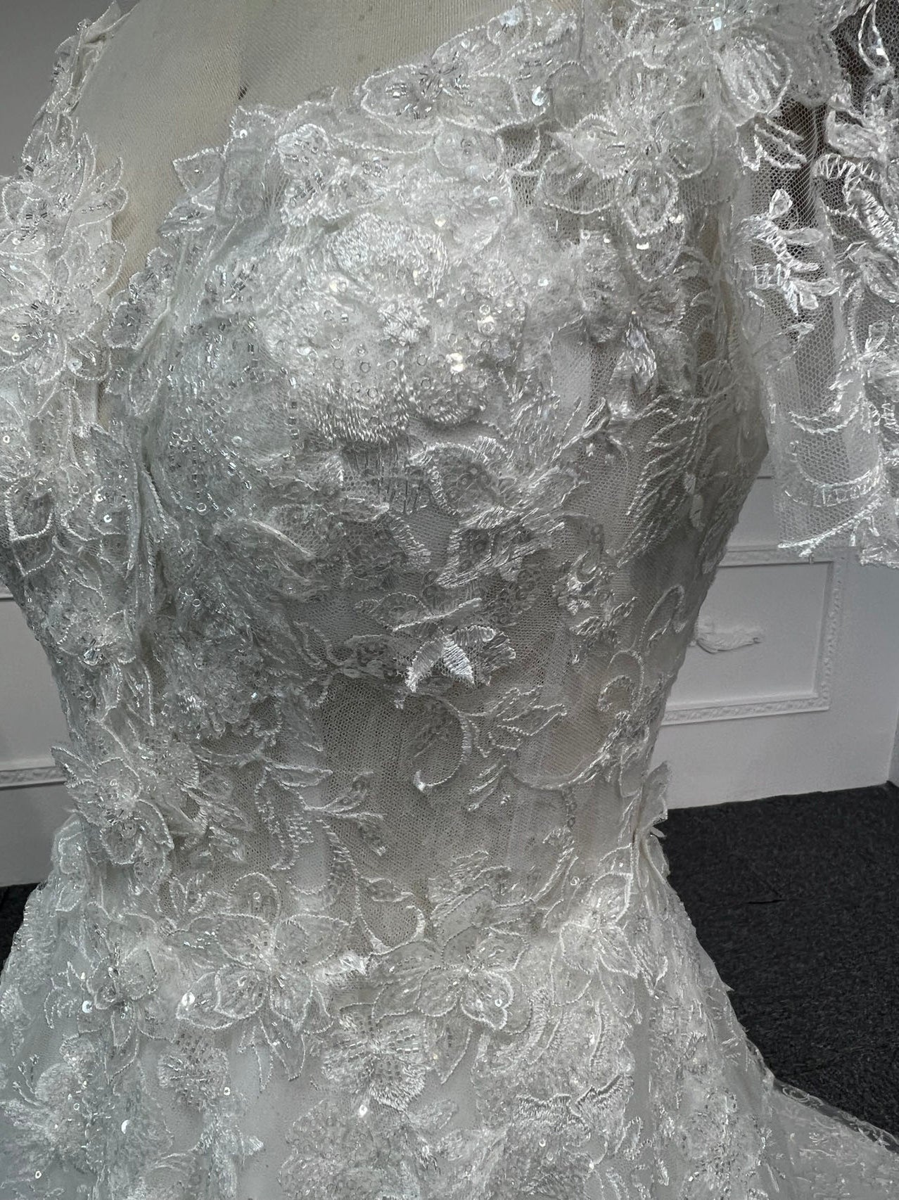 BYG#Y2325 Short-sleeved 3D lace flowers, luxurious beading, A-line - Image 6