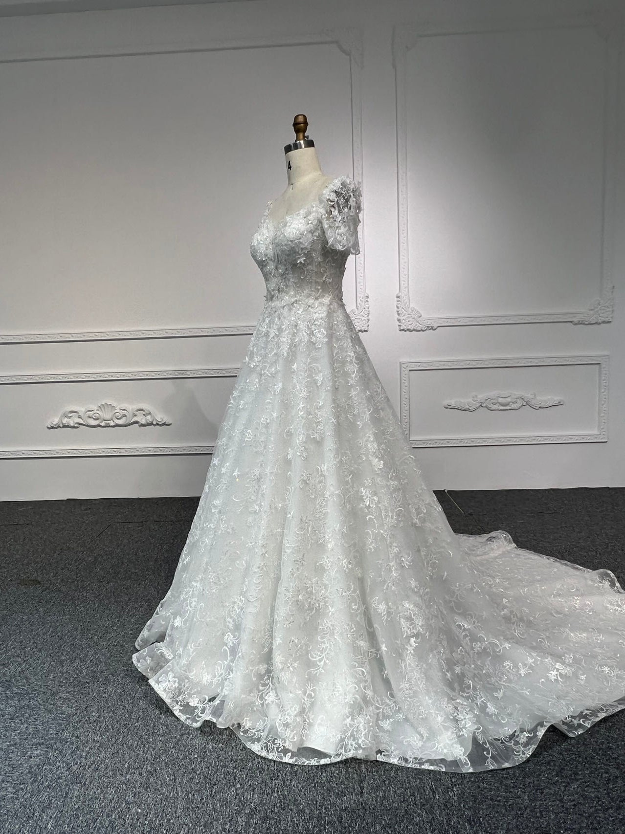 BYG#Y2325 Short-sleeved 3D lace flowers, luxurious beading, A-line - Image 2