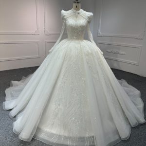 BYG#Z317-2 FULL LACE IVORY LONG SLEEVES WEDDING GOWN WITH 100CM TAIL
