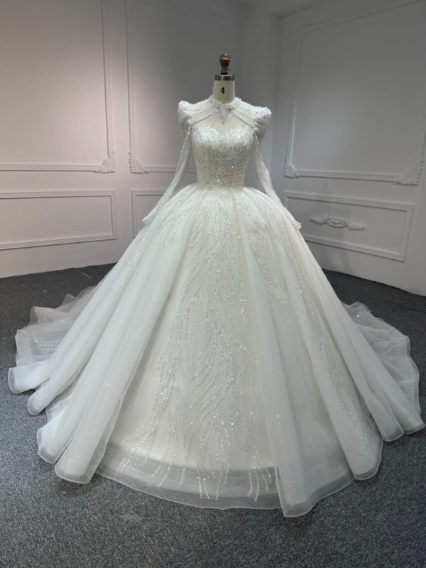 BYG#Z317-2 FULL LACE IVORY LONG SLEEVES WEDDING GOWN WITH 100CM TAIL