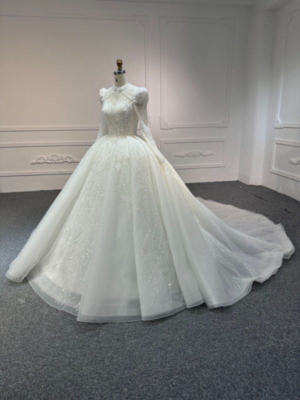 BYG#Z317-2 FULL LACE IVORY LONG SLEEVES WEDDING GOWN WITH 100CM TAIL - Image 2
