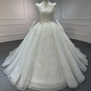 BYG#Z317-3 FULL LACE IVORY LONG SLEEVES WEDDING GOWN WITH 100CM TAIL