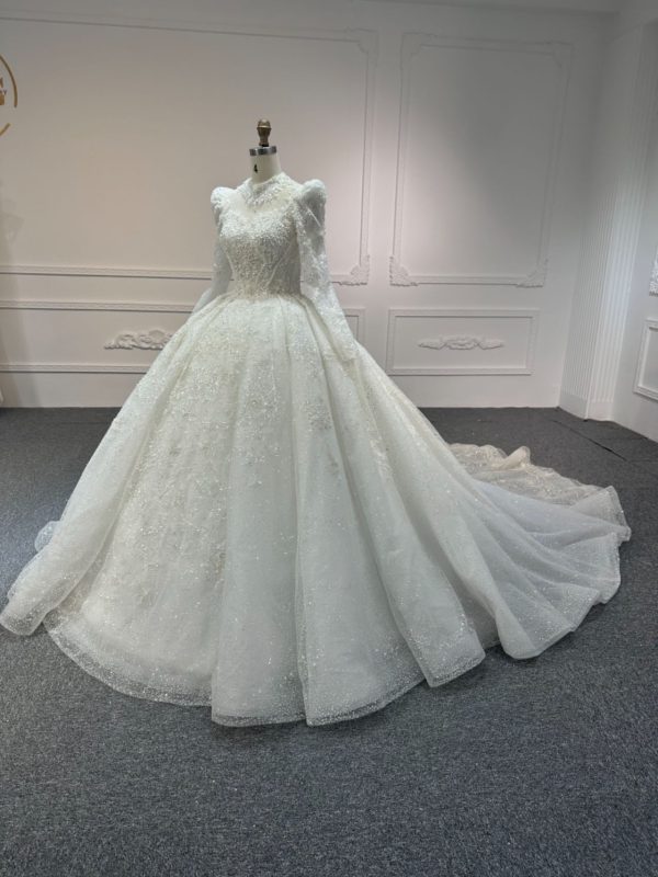 BYG#Z317-3 FULL LACE IVORY LONG SLEEVES WEDDING GOWN WITH 100CM TAIL - Image 2
