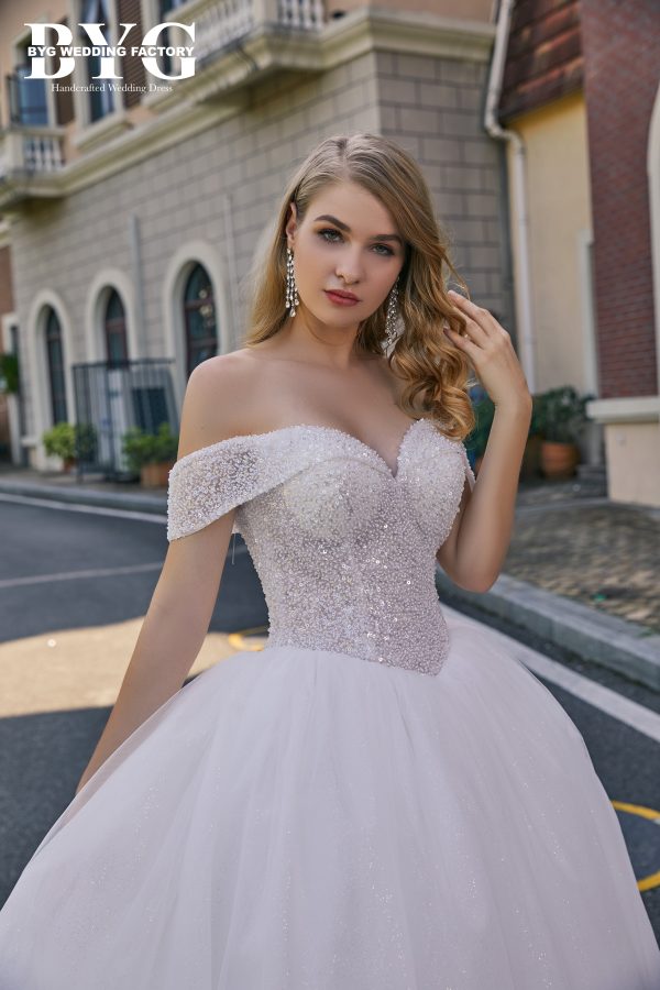 BYG #S002 off the shoulder pearls wedding dress - Image 4