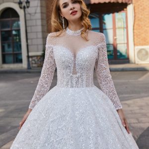 BYG #29779 luxury high neck full lace pearls ball gown