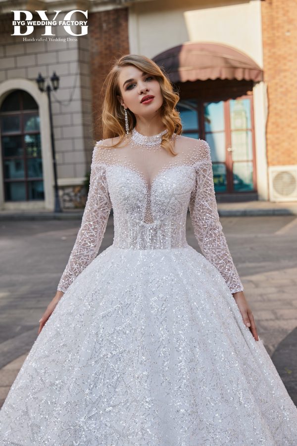 BYG #29779 luxury high neck full lace pearls ball gown