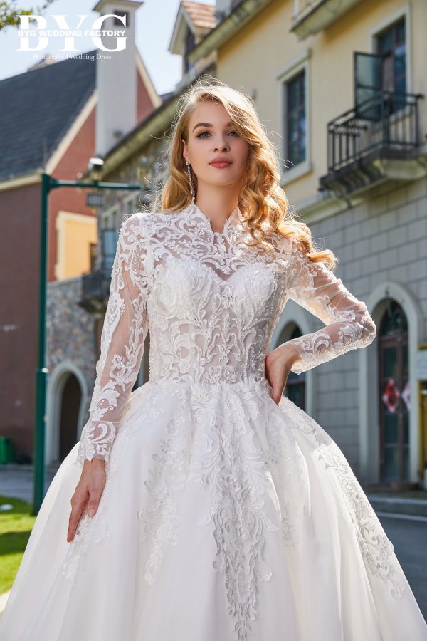 BYG #29764 high neck musilim long sleeves lace wedding dress - Image 3