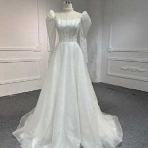 BYG #WL52 FULL LACE SEQUINS PUFF SLEEVES A-LINE DRESS