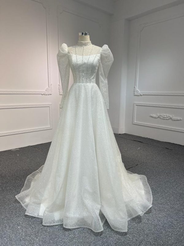BYG #WL52 FULL LACE SEQUINS PUFF SLEEVES A-LINE DRESS