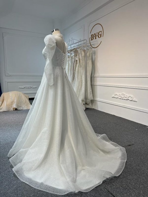 BYG #WL52 FULL LACE SEQUINS PUFF SLEEVES A-LINE DRESS - Image 2