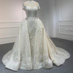 Z063-champagne  BYG LUXURY SHORT SLEEVES MERMAID DRESS WITH DETACHABLE TAIL